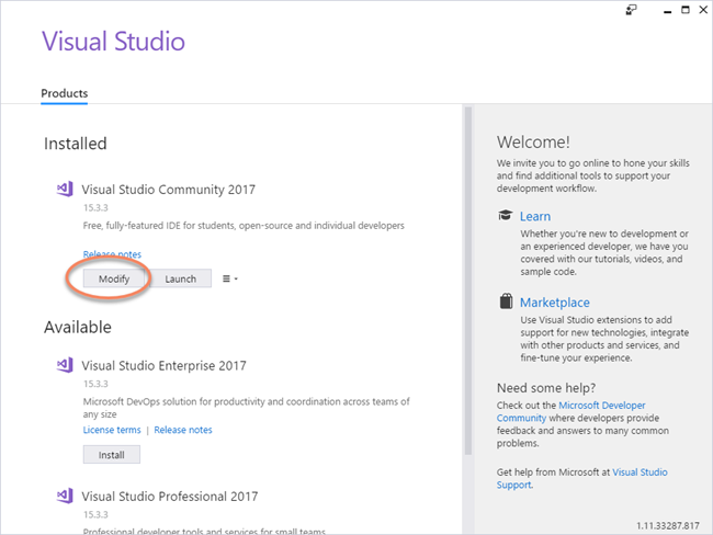 Modify Visual Studio Installation